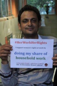 This man supports Women's Rights at Work by doing his share of the housework